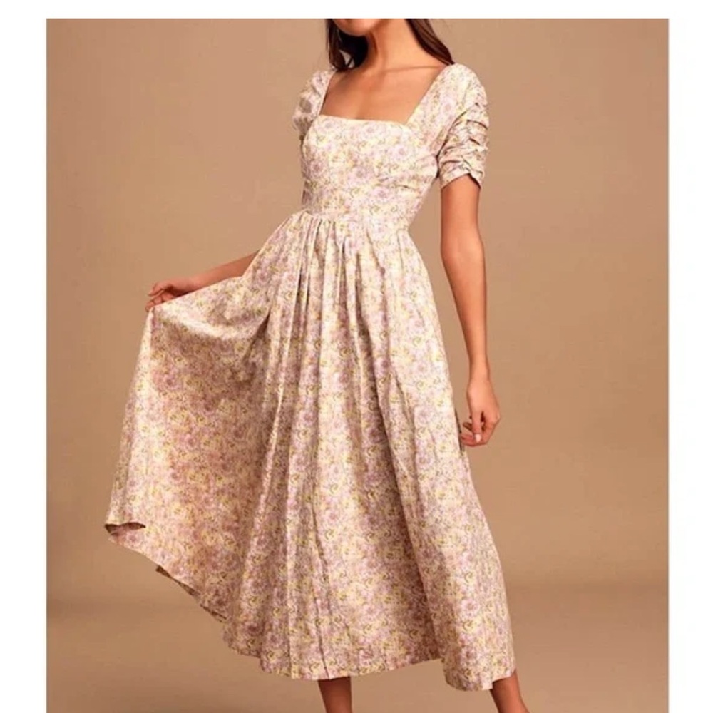 Free People She's A Dream Floral Print Puff Sleeves Midi Spring Dress Size 4 Sm